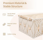 ANMINY 3PCS Macrame Storage Baskets for Organizing Boho Decor Baskets Storage Bins with Wood Handles & Beads Handmade Decorative Storage Boxes with Removable Liner Toilet Tank Bathroom Self Basket