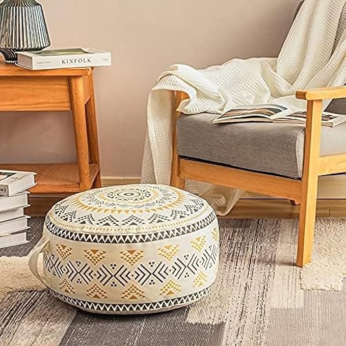 MOCOFO Unstuffed Round Pouf Covers Boho Colorful Geometric Ottoman Pouf Cover with Handle Design,Decoration Footstool for Living Room,Bedroom,Patio (Blue,18x18x8)