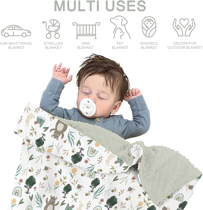 Whimsical Animals Baby Blankets for Girl Boy Cute Animals Spring Soft Mink Dotted Backing Double Layer Swaddle Blanket Bear Deer Bunny Rainbow Greenery Bed Throw for Infant Toddler Nursery 30x40