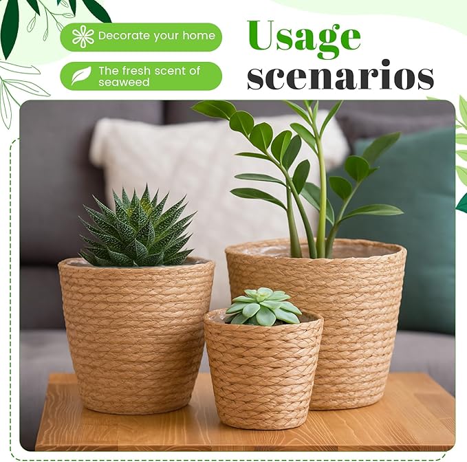 3 Pack Seagrass Plant Basket Indoor with Artificial Moss 3 Sizes Woven Baskets Flower Pots Planters for Home Decor