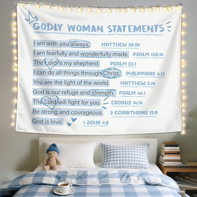 LIANGW Blue Bible Verses Christian Tapestry, Based Blue Room Decor Aesthetic, Inspirational Christian Tapestry for Women, Bible Aesthetic for Girls Bedroom for Dorm Room 50x60 Inch