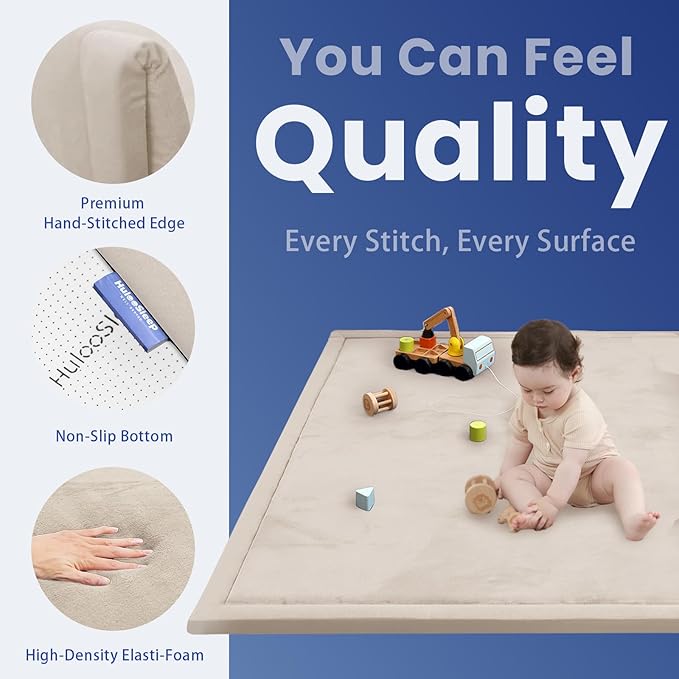 Baby Play Mat for Floor,1.3" Thick Memory foam Tummy Time Mat,Soft Coral Velvet Nursery Rug for Toddlers,Infants,kids,Extra Large Non Slip for Crawling,Yoga,Tatami Style for Living Room(Beige)
