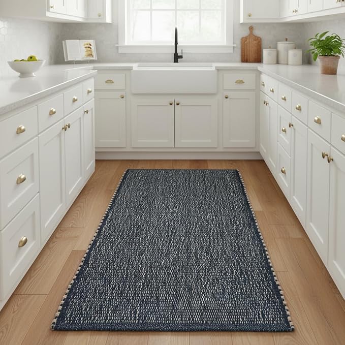 Navy 2X6 Jute Rug Braided Construction - Farmhouse Woven Carpet - Nautical Floor Covering for Hallways and Kitchen, Runner 2' x 6'