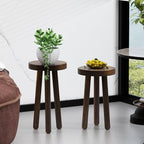 Wood Plant Stand Set of 2 (16+12" Tall) - Dark Walnut Round Solid Wood Plant Stand, Side Table, or Bathroom Stool - Heavy Duty Stool for Small Spaces