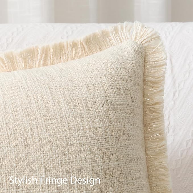 Kevin Textile 14x36 Inch Long Lumbar Pillow Cover 1 Pack Boho Fringe Decorative Rectangle Cushion Case with Tassels Neutral Cotton Woven Textured Farmhouse for Living Room Couch Sofa Bed, Beige