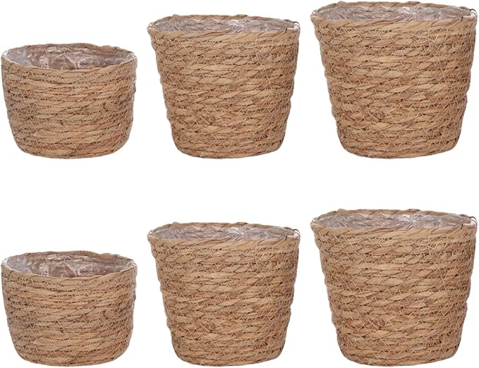 6 Pcs Plant Baskets Indoor with Plastic Liners, Wicker Hand Woven Plant Baskets, Flower Pots Storage Containers in 3 Sizes, Decorative Planters for Home, Balcony, Office