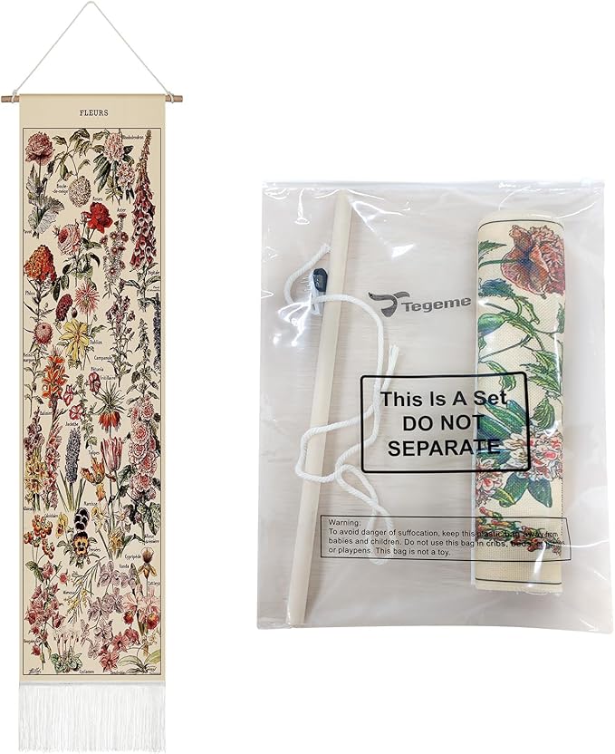 Tegeme Vintage Tapestry 52 x 13 Inch, Long Vertical Wall Hanging Reference Illustrative Botanical Tassel Tapestry for Bedroom Living Room Home Decoration(Flower)