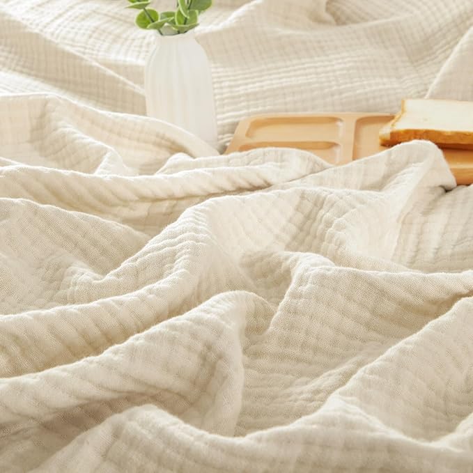 PHF 100% Cotton Muslin Blanket King Size 108"x90", 4-Layer Lightweight Gauze Throw, Breathable Cloud-Soft Minimalist Blanket for Bed, Couch, Camping & Baby, Beige/Short Bread, Ideal Gift