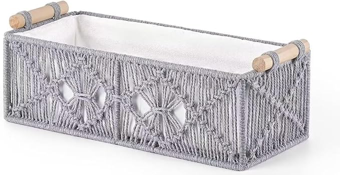 Macrame Storage Basket Boho Decor Baskets for Organizing Woven Decorative Basket for Countertop Toilet Paper Basket Toilet Tank Top Shelf Basket with Handle Bathroom Decor Nursery Gray