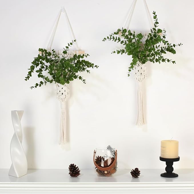 Macrame Wall Hanging Plants with LED Lights, White Cotton Rope, Wooden Dowel, Boho Woven Plant Holders with Artificial Eucalyptus Leaves, Wall Decor, Set of 2 (Green)