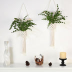 Macrame Wall Hanging Plants with LED Lights, White Cotton Rope, Wooden Dowel, Boho Woven Plant Holders with Artificial Eucalyptus Leaves, Wall Decor, Set of 2 (Green)