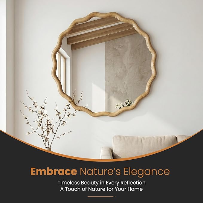 Round Wood Mirrors for Wall, 28" Boho Circle Wavy Mirror with Wooden Frame, Decorative Mirror with Tempered Glass, Natural Wooden Frame Vanity Mirror for Bedroom, Living Room, Entryway