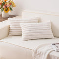 Pack of 2 Faux Fur Christmas Throw Pillow Covers 12x20 Inch, Soft Plush Striped Neutral Couch Pillow Cover, with Velvet Back Modern Home Decor for Sofa Living Room Couch Bed Cream White