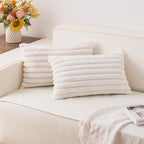 Pack of 2 Faux Fur Christmas Throw Pillow Covers 12x20 Inch, Soft Plush Striped Neutral Couch Pillow Cover, with Velvet Back Modern Home Decor for Sofa Living Room Couch Bed Cream White