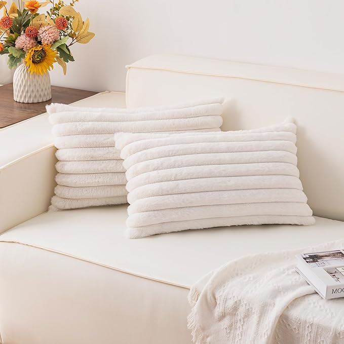 Pack of 2 Faux Fur Christmas Throw Pillow Covers 12x20 Inch, Soft Plush Striped Neutral Couch Pillow Cover, with Velvet Back Modern Home Decor for Sofa Living Room Couch Bed Cream White