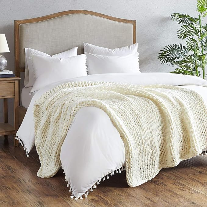 Madison Park Boho Throw, Soft Blanket Handmade Gift Home Decor, Lightweight & Breathable All Seasons Spring Chunky Knit, Knitted Throw for Couch, Bed Blanket, 50"x60", Ivory