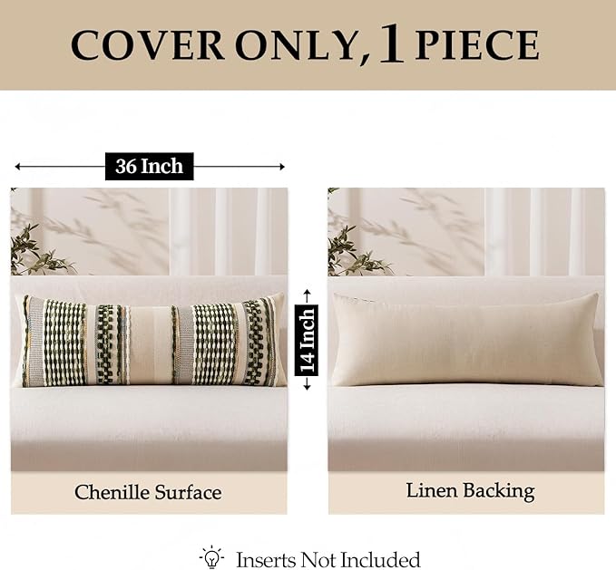 ANRODUO Pack of 1 Boho Decorative Throw Pillow Covers 14x36 Farmhouse Cushion Case Long Chenille Pillow Cases Lumbar Pillow Covers Accent Neutral Pillowcase for Sofa Couch Bed, Olive Green Stripe
