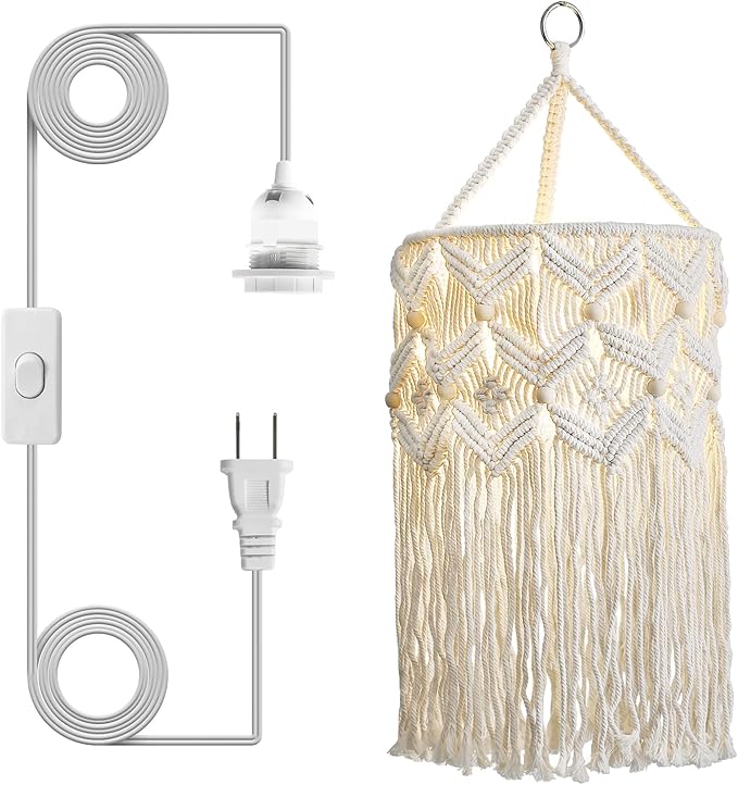 Bioaqua Boho Lamp Shade,Macrame Pendant Light Shade, Handmade Boho Light fixtures Hanging Lights with Plug in Cord,Boho Hanging Lamp for Living Room Bedroom(Type 2)