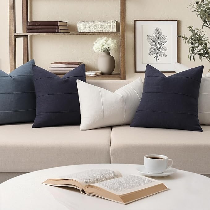 ZWJD Decorative Linen Throw Pillow Covers 16x16 Set of 2 Solid Handcrafted Striped Cushion Covers for Bed Soft Modern Farmhouse Neutral Pillowcase for Couch Bedroom Living Room Home Decor(Dark Navy)