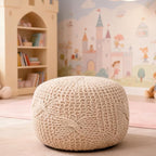 Round Pouf Ottoman, 18" Bordeaux Knitted Cotton Woven Round Pouf, Handmade Woven Bean Bag for Living Room, Floor Bag for Bedrooms, Home, Offices, Sofa Footrest (Beige - 2)