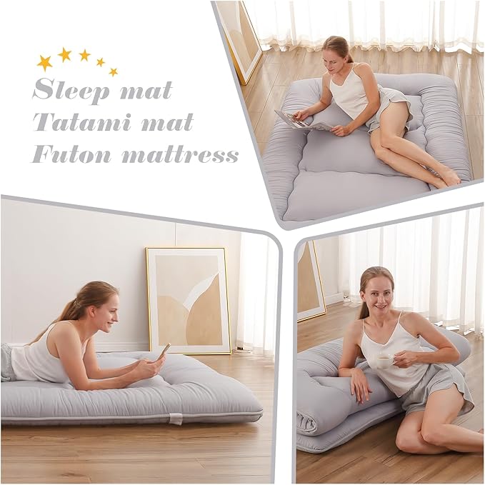 Japanese Floor Mattress, Futon Mattress with Storage Bag and Washable Cover, Roll Up Tatami Mat Suitable for Guest Room, Grey, Full