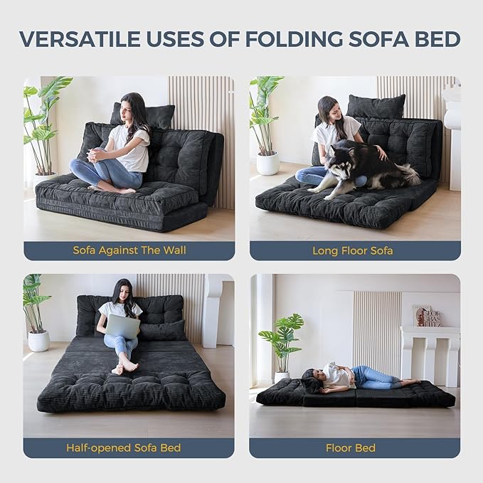 MAXYOYO Folding Sofa Bed, Tufted Bean Bag Bed with Pillows Floor Mattress for Adults, Extra Thick and Long Floor Sofa, Twin Couch for Bedroom Living Room, Black, 39x91 Inch