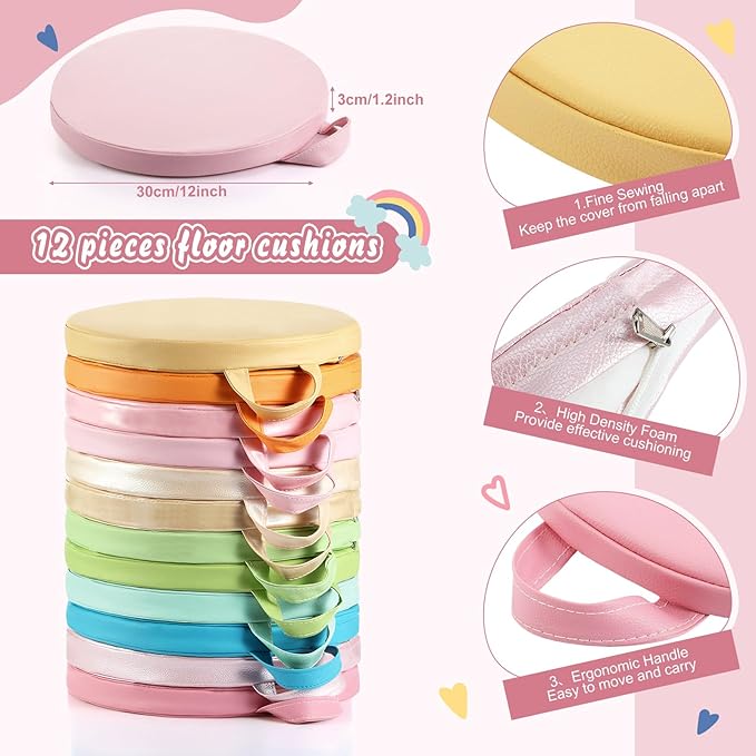 Sawysine 12 Pcs Floor Cushions Classroom Flexible Floor Seating with Handle for Kids in Home School Classroom Kindergarten Daycare Nursery (Pastel Color,Round)
