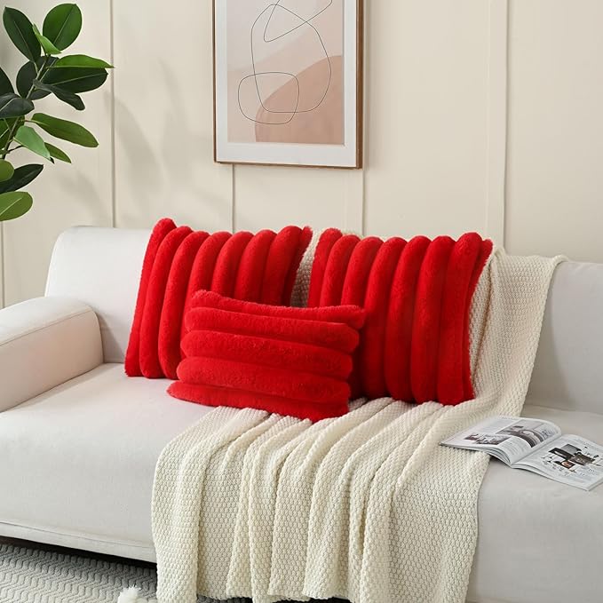 FUTEI Red Decorative Throw Pillow Covers 12x20 Inch Set of 2, Square Soft Faux Rabbit Fur Thick Striped Lumbar Pillow Case,Spring Home Decor for Couch Bed Living Room
