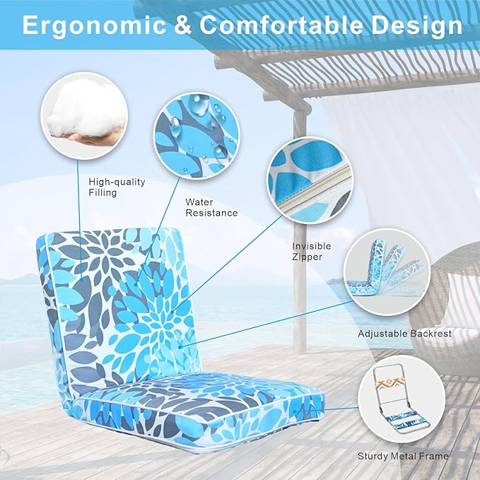 JMGBird Floor Chair with Back Support - Adjustable 5-Position Gaming Chair, Waterproof Light Blue Floral Print, Indoor Outdoor Meditation Cushion