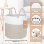 ShellKingdom Laundry Basket, Large Natural Rope Woven Storage Basket with Handles for Home, Living Room, Laundry, Storage Organizer for Blankets, Clothes, Toys, 19.7 x 14.96 INCH (2-Toned White Khaki)