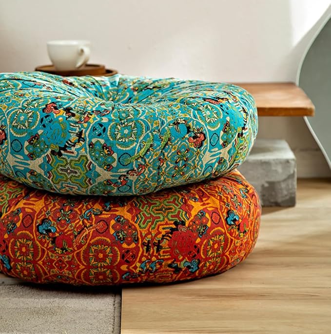 Square Bohemian Floor Pillow, Meditation Floor Seat Cushion, Large Soft Cotton Linen Chair Pad for Yoga Living Room Balcony Outdoor Tatami, 16.5x16.5 Inch (Square Orange)