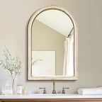 Arched Vanity Mirror for Wall, 30"x20" Boho Rustic Farmhouse Mirror with Beaded Wooden Frame, Decorative Wooden Mirror for Bathroom, Living Room, Entryway, or Bedroom