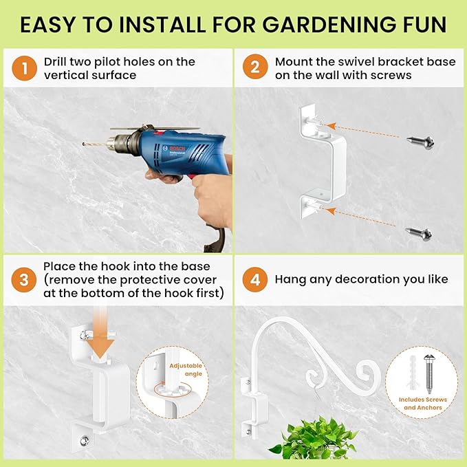 Swivel Plant Hangers Outdoor: 4 Pack 16 Inch Metal Hanging Plant Bracket Bird Feeder Wall Hooks Heavy Duty Plant Hangers Indoor Wall Mount Plant Hooks for Hanging Baskets, Lanterns, Wind Chimes, White