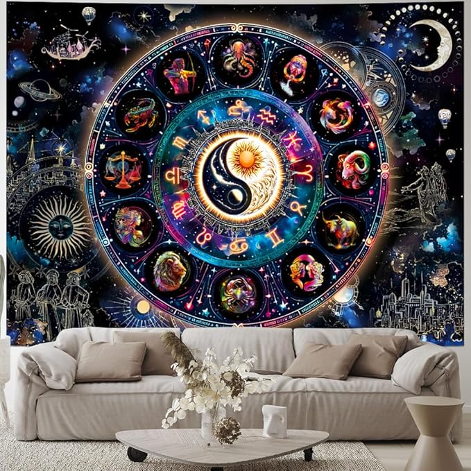 Lahasbja Blacklight Constellation Tapestry UV Reactive Sun and Moon Tapestries Spiritual Zodiac Astrology Tapestry Galaxy Backdrop Mystic Yin Yang Wall Hanging for Bedroom