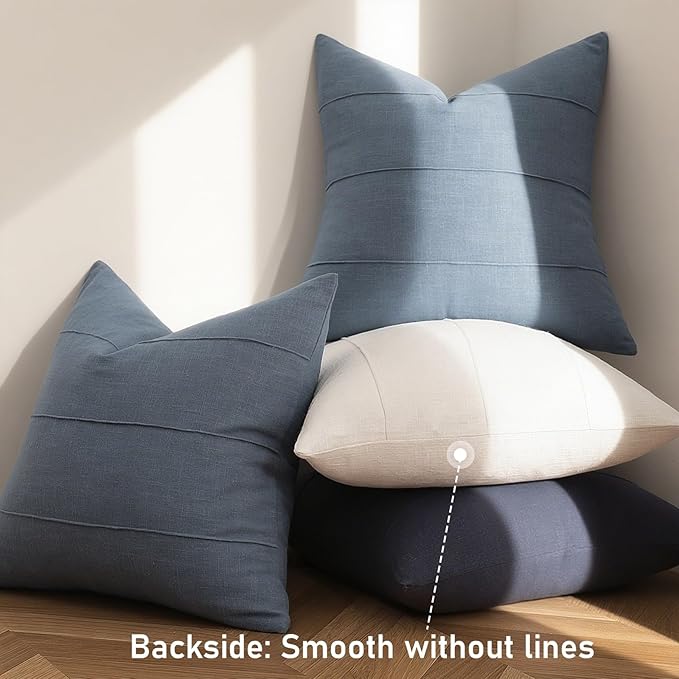 ZWJD Decorative Linen Throw Pillow Covers 24x24 Set of 2 Solid Handcrafted Striped Cushion Covers for Bed Soft Modern Farmhouse Neutral Pillowcase for Couch Bedroom Living Room Home Decor(Slate Blue)