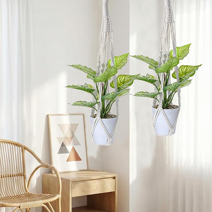 Macrame Plant Hanger, 2 Pcs Boho Hanging Planters for Indoor Outdoor, Decorative Braided Cotton Rope Flower Pot Hanging Plant Holder with Metal Rings