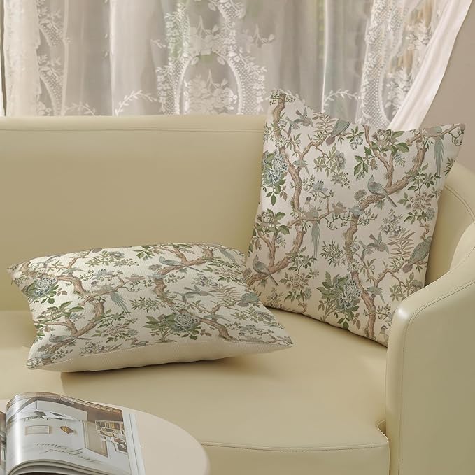 Green Floral Bird Pillow Covers 18x18 Set of 2 Chinoiserie Throw Pillows Green Vintage Flowers Bird Decorative Pillow Cases Outdoor Chinoiserie Decor Farmhouse Cushion Case for Couch Sofa
