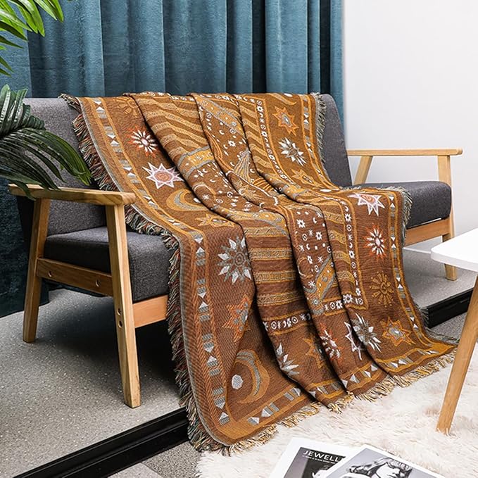 Boho Throw Blanket for Couch Sofa Bed, Decorative Throw Blanket with Tassels, 50"x60" Bohemian Woven Cover for Home Living Room Bedroom Indoor Outdoor Picnic