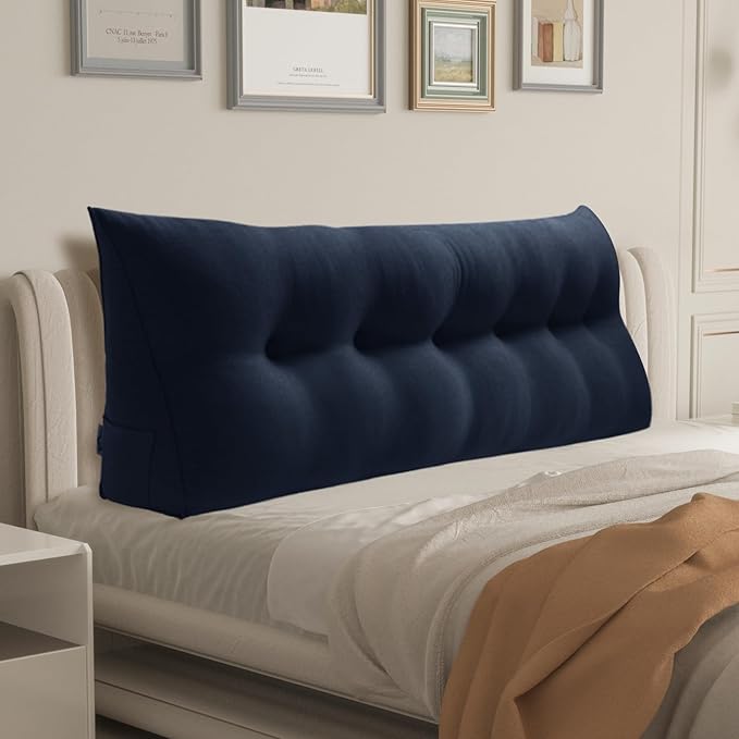 WOWMAX 80% Cotton & 20% Linen Blend Headboard Pillow – California King Size Reading Wedge Backrest for Bed, Handmade Firm Support Bolster Cushion with Removable Cover, Premium Bed Rest Pillow, Blue