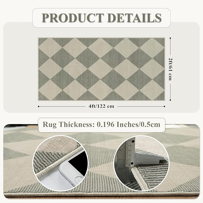 Beeiva Checkered Rug Runners for Hallways Non Slip, 2x4 Washable Runner Rug for Kitchen Ultra Thin Green Entryway Runner, Gingham Diamond Decor Farmhouse Throw Carpet for Bathroom Laundry
