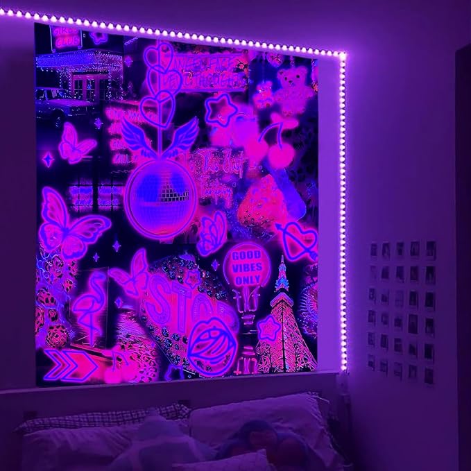 Pink Neon Sign Tapestry for Bedroom Blacklight Tapestry Glow in the Dark Neon Backdrop Trendy Butterfly Tapestries Wall Hanging Aesthetic Room Decor Black Light Poster Large Wall Mural Art 60x80 Inch