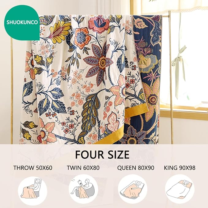 Boho Throw Blanket for Bed 100% Cotton Ultra Soft Rustic Quilt Fall Blanket Bird Floral Printed Farmhouse Decor Bed Blankets,80"×90" All Season Rustic Throw for Sofa Couch Chair