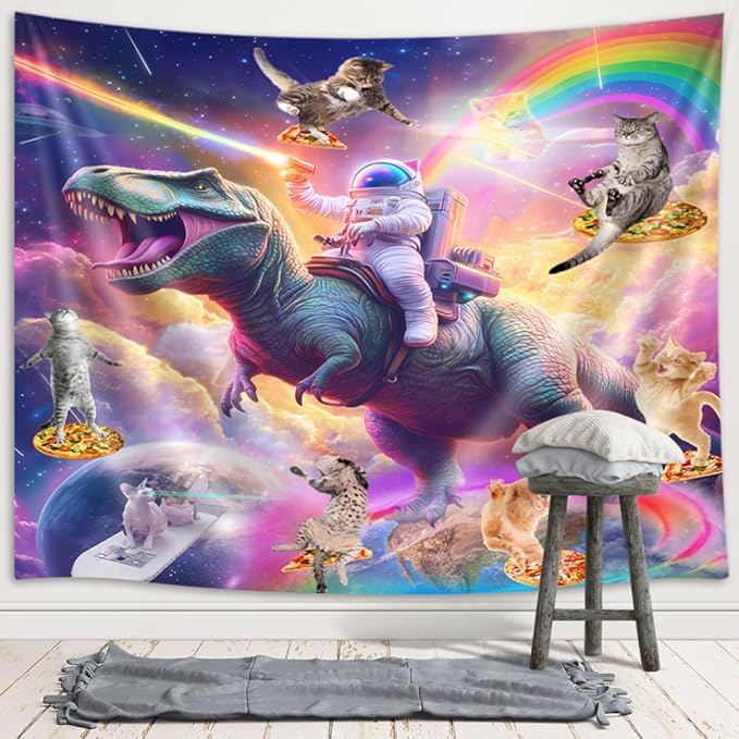 Viajar Funny Cat Tapestry, Cool Kittens Starry Sky Nebula Galaxy Tapestry Milky Way Space Psychedelic Hippie Tapestry Wall Hanging Home Decor Dorm Livingroom Bedroom Wall Blanket, 80X60 Inches
