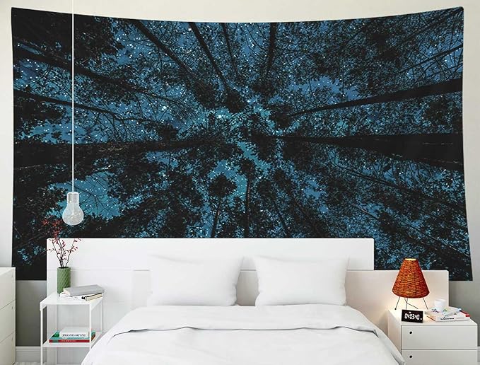 EMMTEEY Black Forest Tapestry Forest in Night Sky with Stars and Clouds Tapestries for Women 60X50 Inches Tapestries Wall Art Present for Families
