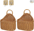 2Pcs Hanging Storage Baskets, Plastic Woven Hanging Basket with Hook, Flower Bin with Handle Kitchen Wall Basket for Ginger Garlic(Brown)