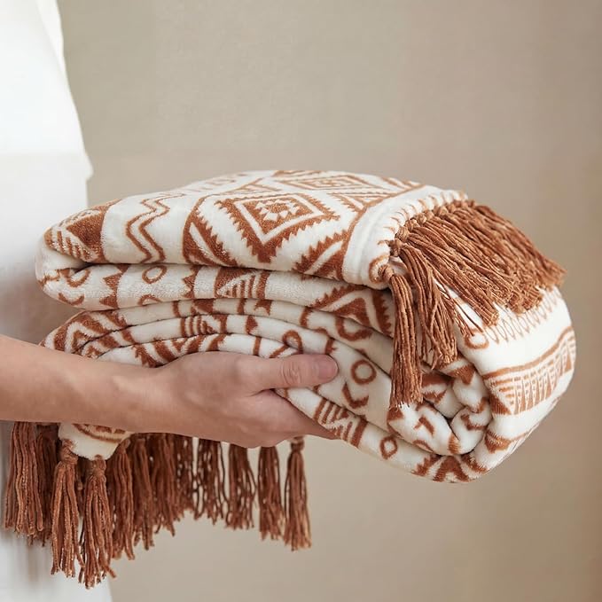 CASAAGUSTO Boho Throw Blanket - Terrcotta Decorative Blankets with Tassel, Printed Flannel Bohemian Blanket for Chair, Bed, Sofa, Couch(50 * 60, Terrcotta)