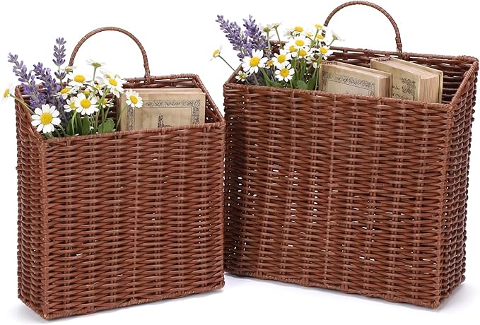 2 Pack PE Rattan Hanging Wall Basket Wicker Hanging Basket for Front Door Mail Flowers Books Accessories Organizing Boho Rustic Farmhouse Wall Decor(Square Opening)