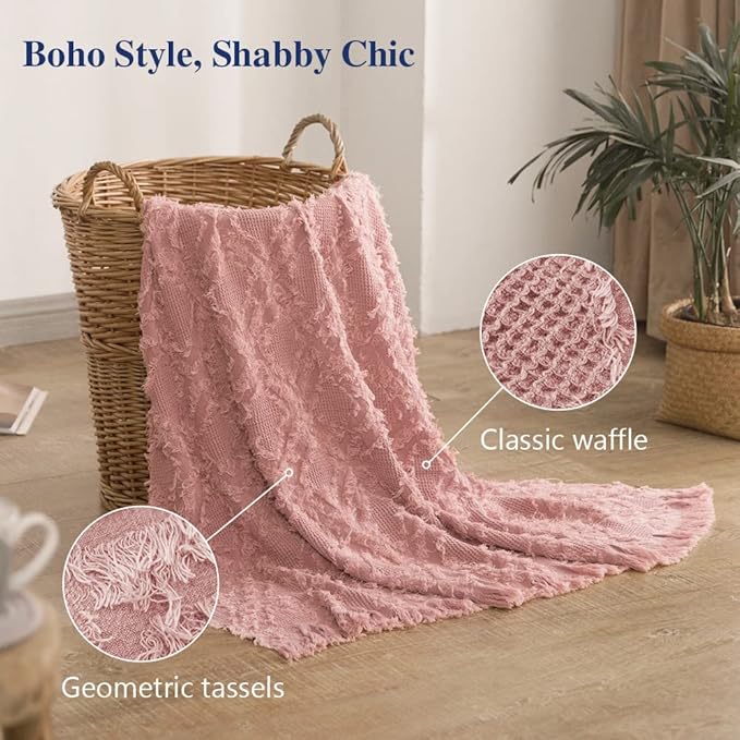 Simple&Opulence 100% Cotton Throw Blanket for Bed, Couch, Boho Textured Geometric Knit Woven Blanket with Tassels Soft, Lightweight Breathable Shabby Chic Farmhouse Decoration for All-Season(Pink)