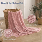 Simple&Opulence 100% Cotton Throw Blanket for Bed, Couch, Boho Textured Geometric Knit Woven Blanket with Tassels Soft, Lightweight Breathable Shabby Chic Farmhouse Decoration for All-Season(Pink)