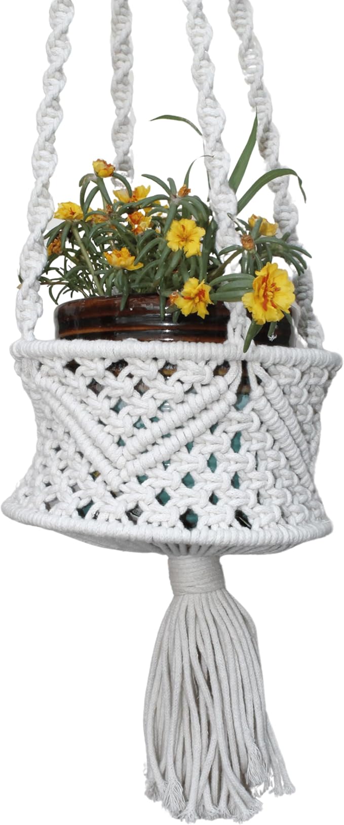 Handmade Macrame Cotton Plant Hanger, from Uttar Pradesh, India | Boho Hanging Planter | Indoor Outdoor Plant Holder | Décor Accent for Home, Balcony, Living Room | 33x8 in (Off White)